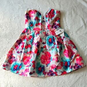 B Darlin Impressionist Floral Strapless Party Dress NWT Sz 13/14